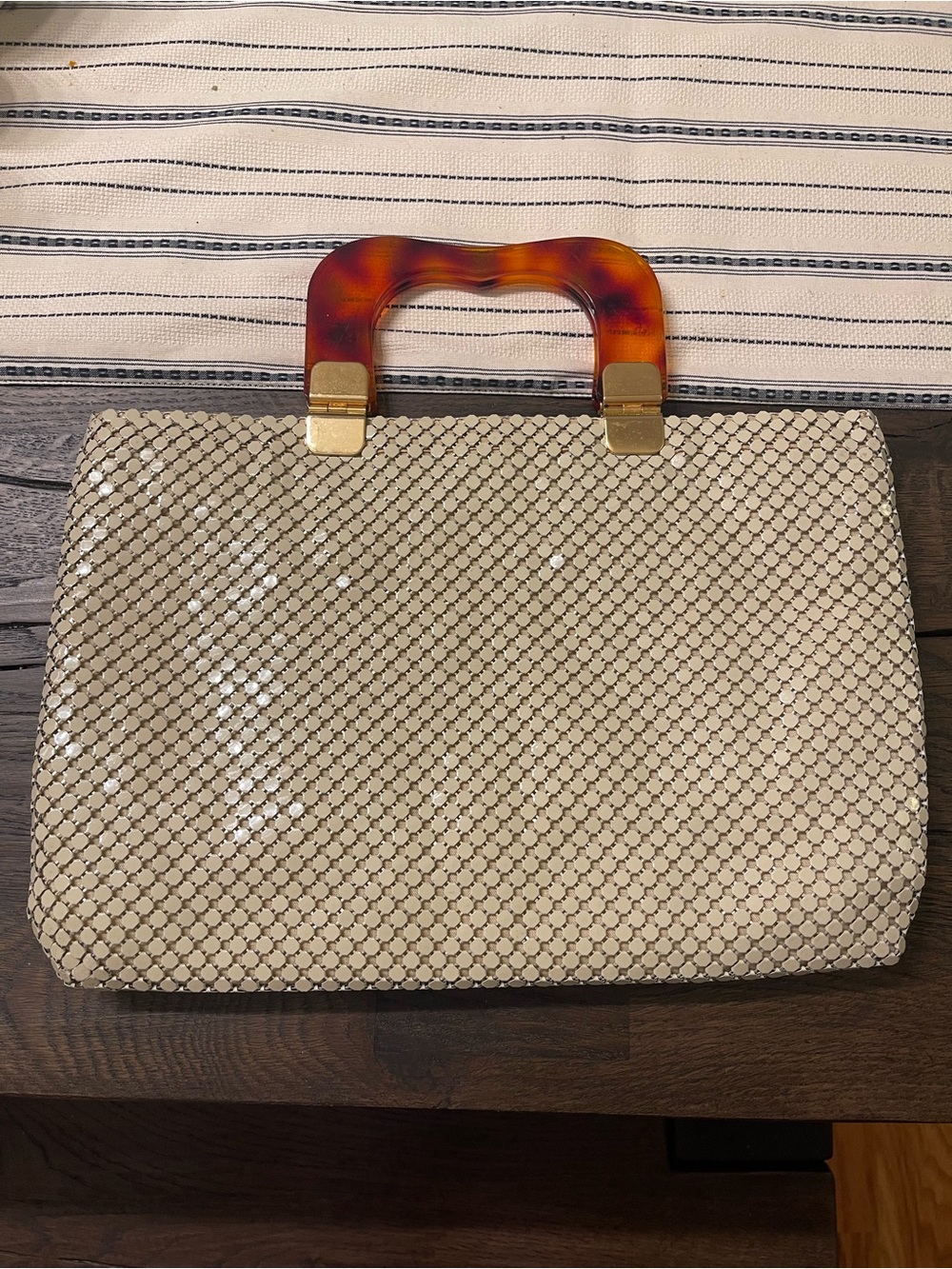 Vintage Cream Sequin Mesh Tote with Tortoiseshell Handle